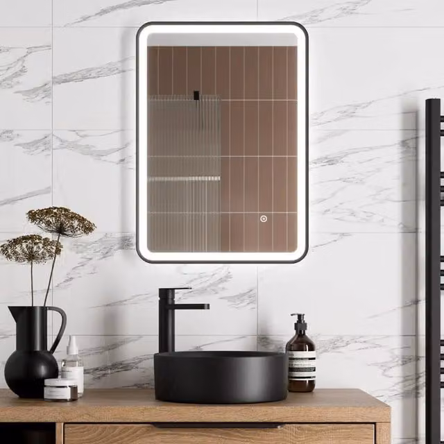 Bathwell Rectangular LED Wall Mirror with Demister and Touch Switch in Matt Black