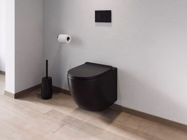 Vente-unique Rimless Matt Black Ceramic Wall-Hung WC with Soft Close Seat W/D/H: 53.5 x 36 x 30 cm