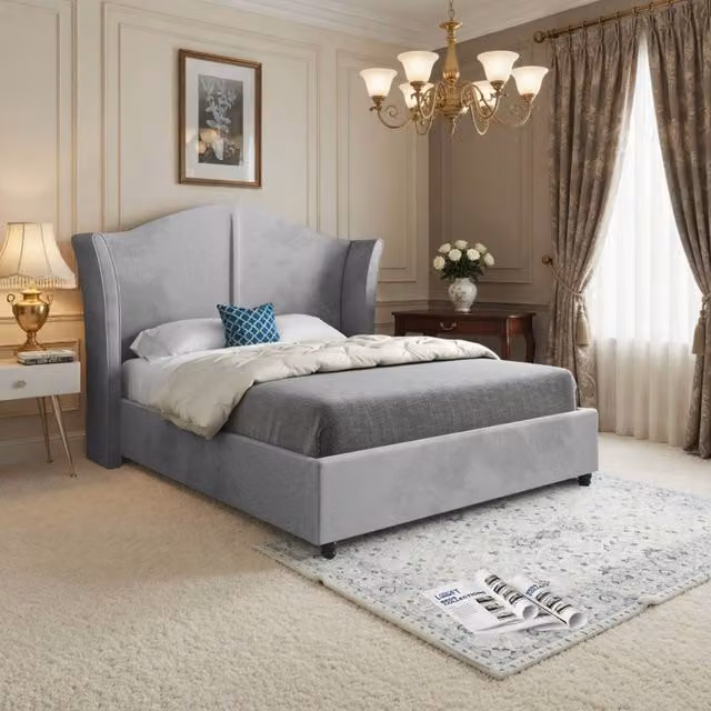 KDMD Yorkley Curved Winged Upholstered Designer Bed Frame in Grey Soft Velvet, W/D/H: 144 x 137 x 200 cm