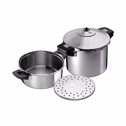 Kuhn Rikon Stainless Steel Pressure Cooker Set in Silver, including 4L and 6L Pots with Steamer Insert and Lids