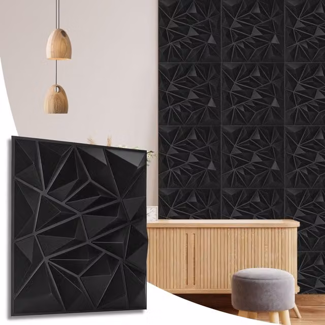 NOVECRAFTO 3D Diamond Design PVC Wall Panels, Matte Black, W: 50 cm x H: 50 cm