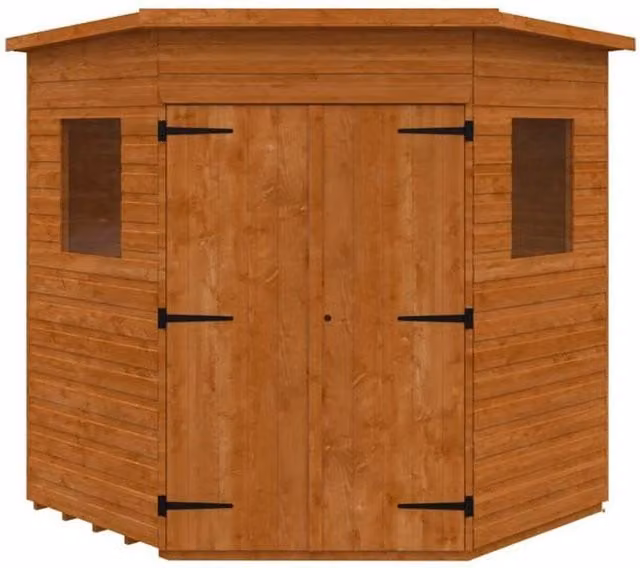 Buttercup Farm Corner Shed in Burnt Orange with Double Doors and Gable Roof