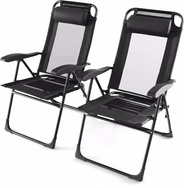 Costway Set of 2 Black Modern Patio Folding Chairs with Armrests and Textilene Fabric