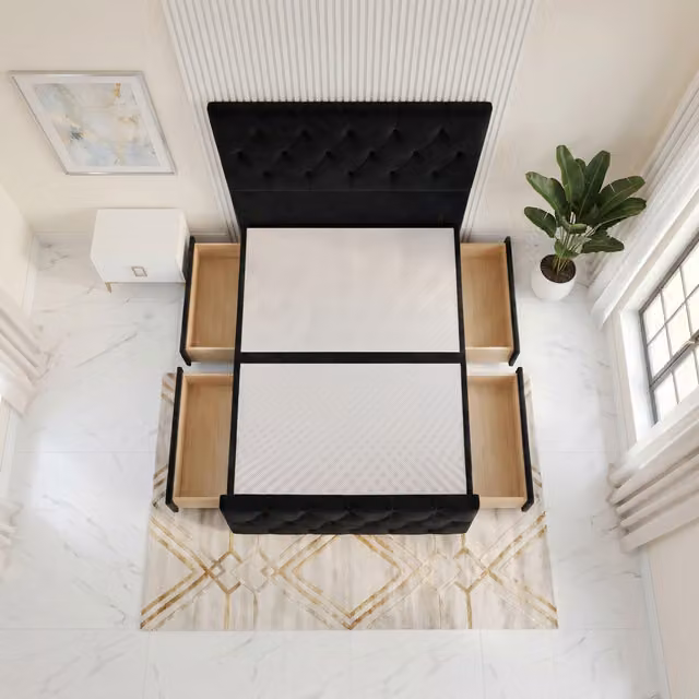 Somnior Beds Ltd Chesterfield Velvet Divan Bed Base with Drawers and Floor Standing Headboard, Black, W/D/H: 180 x 200 x 34.5 cm