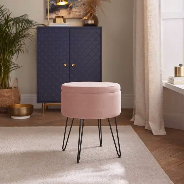 GFW Avery Velvet Storage Stool in Pink with Metal Frame