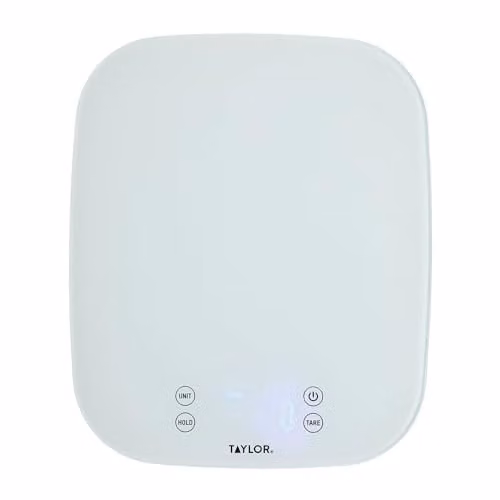 Taylor Pro Digital Kitchen Food Scales with Waterproof White Glass Design and 14 kg Capacity