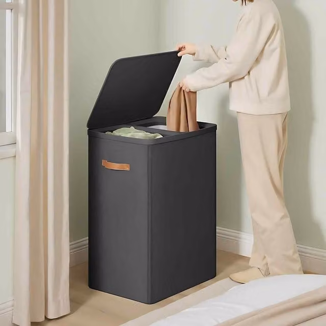 The Bazaarist Double Laundry Hamper with Lid and Removable Fabric Liners, Black