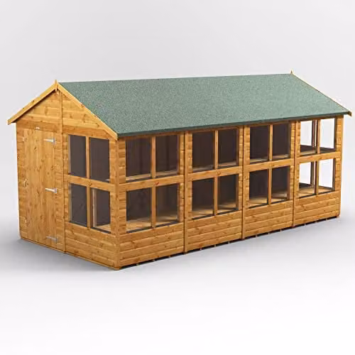 POWER Apex Wooden Potting Greenhouse Shed in Brown with 12mm Extra Thick Timber and Tempered Glass Windows