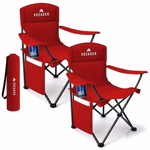 Voyager 2-Pack Folding Camping Chairs with Cup Holders and Armrests in Black and Red