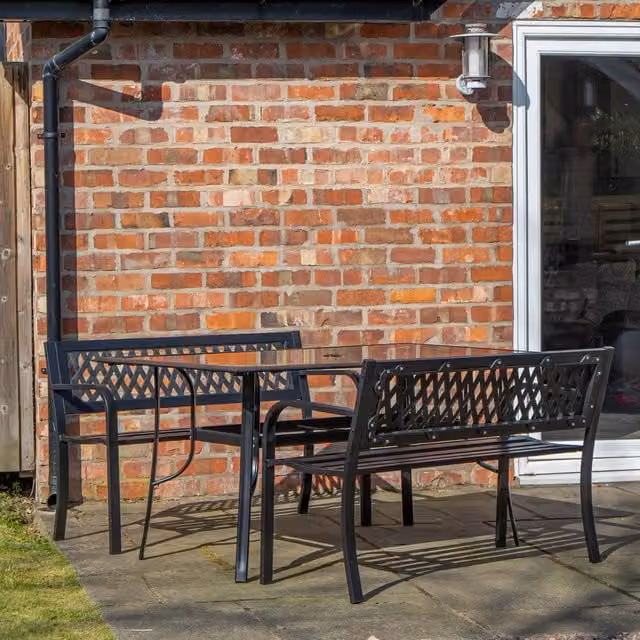 Samuel Alexander Black Rectangular Glass Top Garden Dining Table and 2 Benches Set W/D/H: 220 x 90 x 71 cm