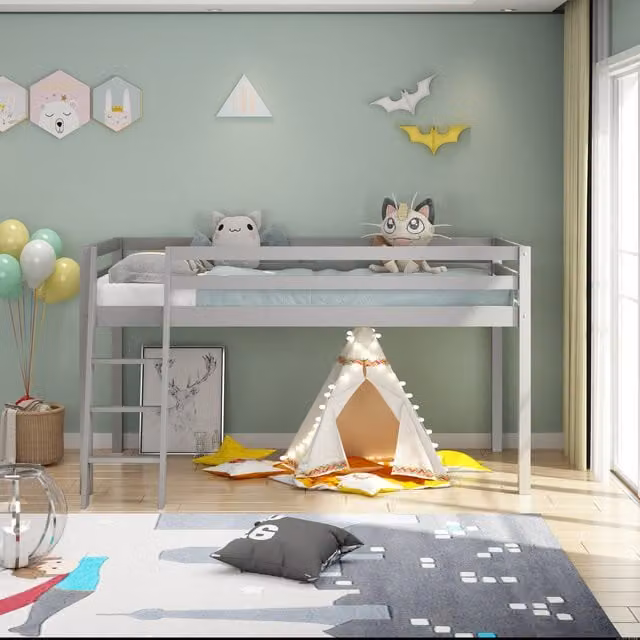 Kosy Koala Grey Solid Wood Mid Sleeper Bed for Children with 90x190 cm Mattress