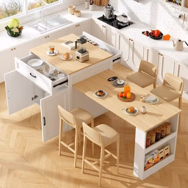 Rolipo Extendable Bar Table and Kitchen Island with Storage in White