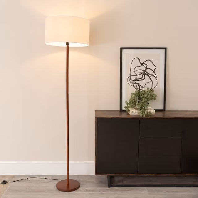 ValueLights Heather Dark Wood Floor Lamp with White Fabric Drum Shade