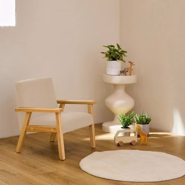 sweeek Children's Scandinavian Style Corduroy Armchair in Beige with Rubberwood Frame, W/D/H: 43.5 x 50.0 x 47.0 cm