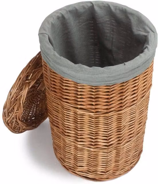 Red Hamper Small Round Steamed Linen Basket with Grey Sage Lining and Handles