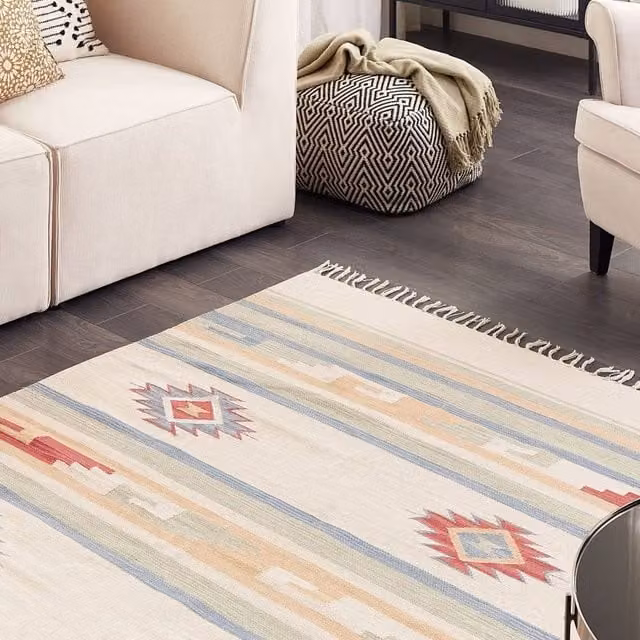 Wyld and Coco Klim Handwoven Cotton Kilim Rug in Beige and Multicolour, Reversible with Tassels, W: 140 cm, D: 200 cm