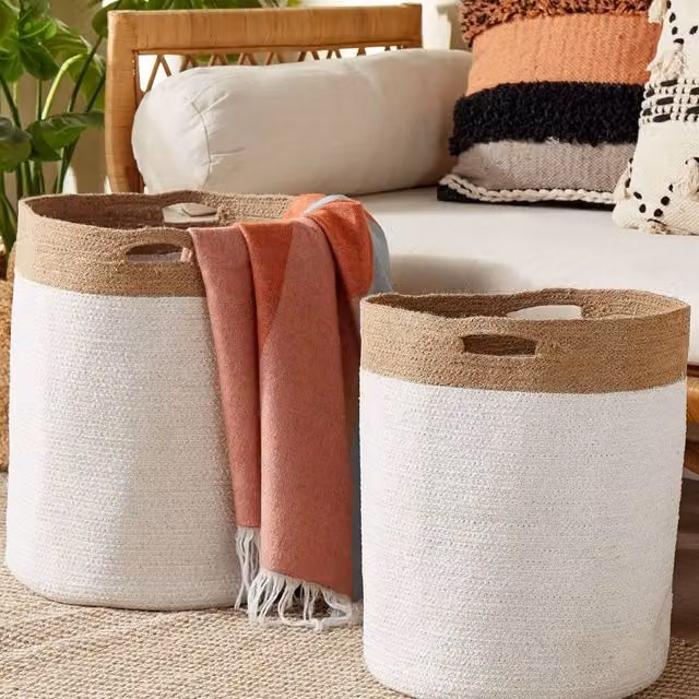 Wyld and Coco Set of 2 Woven Cotton and Jute Storage Baskets in White and Light Beige