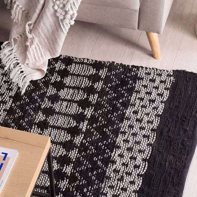 Wyld and Coco Black and White Patchwork Leather and Cotton Woven Rectangular Area Rug W: 140 cm, L: 200 cm