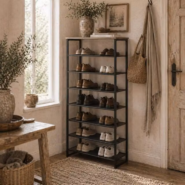 Wyld Haus Malo 8 Tier Metal Shoe Rack with Mesh Shelves, Black and Grey