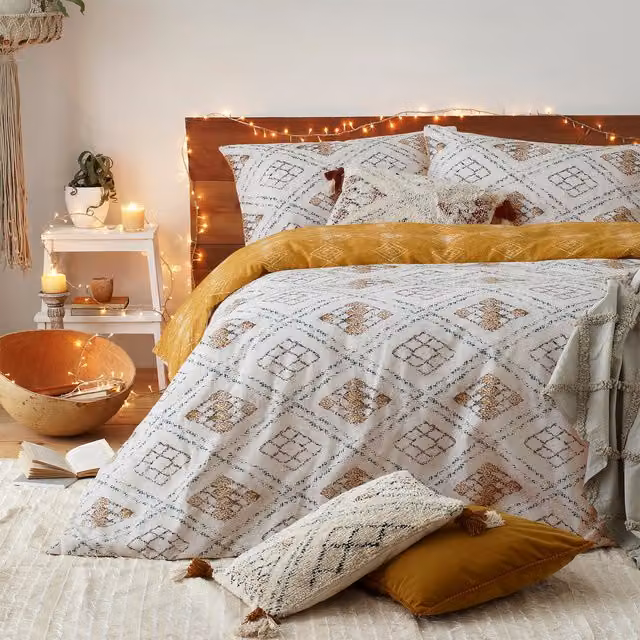 Make it a Home Global Inspired Reversible Cotton Duvet Cover Set, Yellow and White, Single, 90 x 190 cm