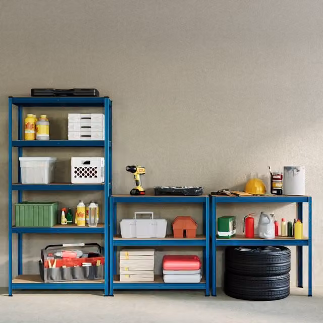 Vida Set of 2 Heavy Duty 5 Tier Garage Shelves and Work Benches in Blue, W/D/H: 150 x 70 x 70 cm