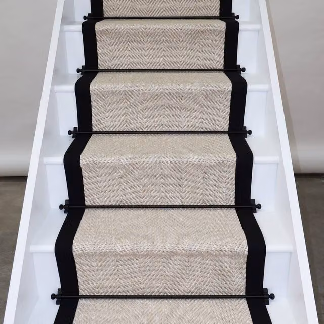 RainbowHome New England Herringbone Ivory Stair Runner with Black Cotton Border, W: 50 cm x L: 700 cm