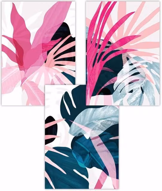 ARTZE Set of 3 Abstract Pink and Blue Botanical Triptych Art Posters, W: 30 cm, H: 42 cm
