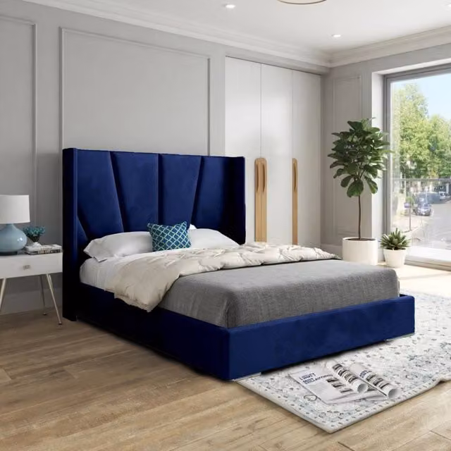 KDMD Glemsford Small Single Upholstered Designer Bed Frame in Blue Soft Velvet