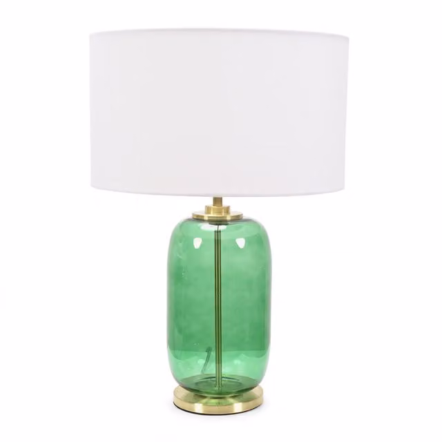 ValueLights Leigh Forest Green Glass Table Lamp with Gold Trim and White Fabric Drum Shade