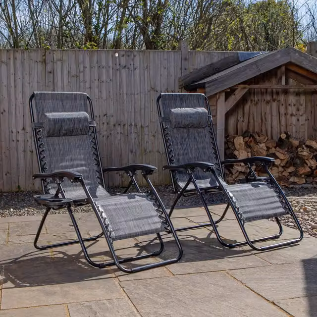 Samuel Alexander Set of 2 Multi Position Zero Gravity Relaxer Sun Loungers in Mixed Grey with Textilene Fabric and Cup Holders