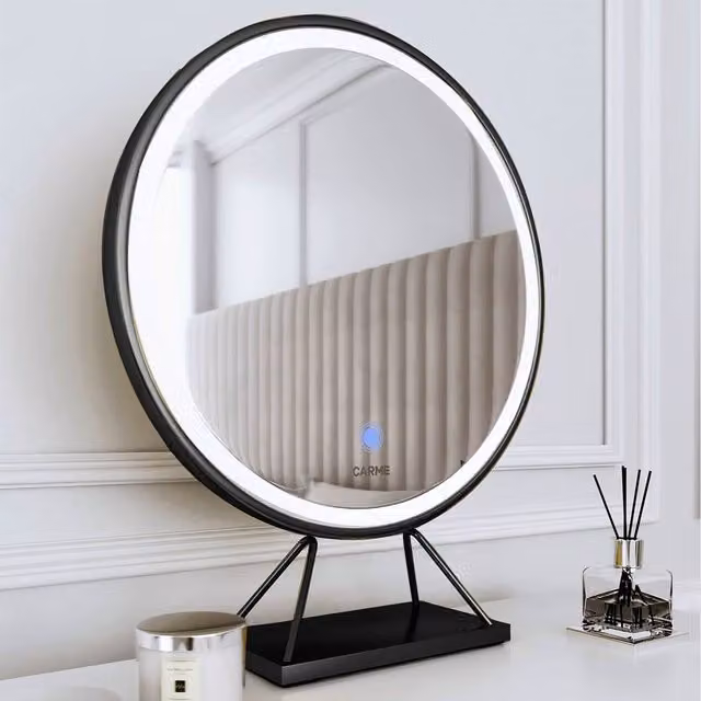 CARME Lucia Round Tabletop LED Makeup Mirror with Touch Sensor and Large Metal Frame in Black