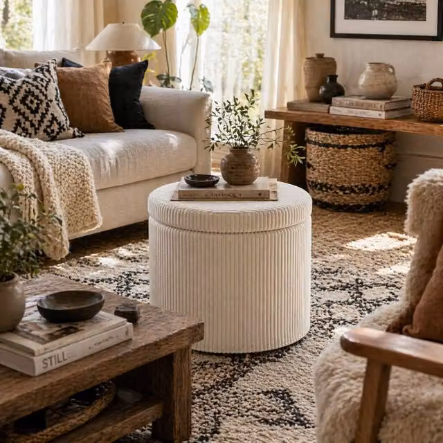 Wyld Haus Rokael Round Beige Corduroy Storage Ottoman with Removable Lid