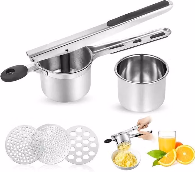 Hinsinc Heavy Duty Stainless Steel Potato Ricer and Vegetable Puree Masher, Silver, Type A