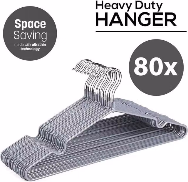 PAWNORA Space Saving Strong Metal Wire Hangers in Grey, Pack of 80