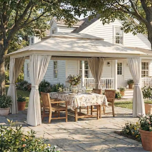 Outsunny Beige Outdoor Garden Gazebo with Netting and Curtains, W 4 m x D 3 m x H 3 m