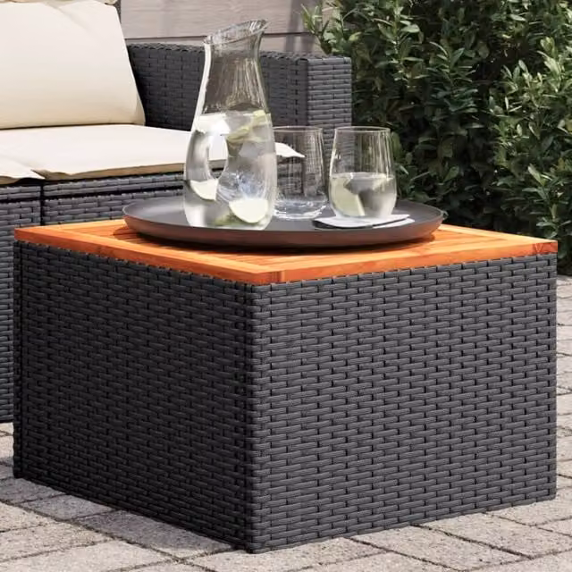 Berkfield Home Black Poly Rattan and Acacia Wood Garden Table, W/D/H: 55 x 55 x 37 cm