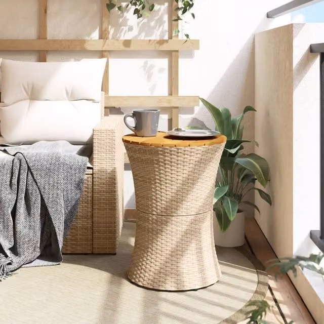Berkfield Home Round Drum Garden Side Table in Beige Poly Rattan and Oiled Acacia Wood, W/D/H: 38 x 38 x 56 cm