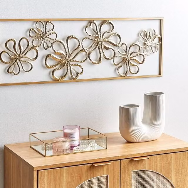 Wyld and Coco Gold Metal Floral Wall Decor, W 90 cm x H 31 cm