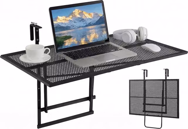 Costway Height Adjustable Folding Balcony Railing Table in Black