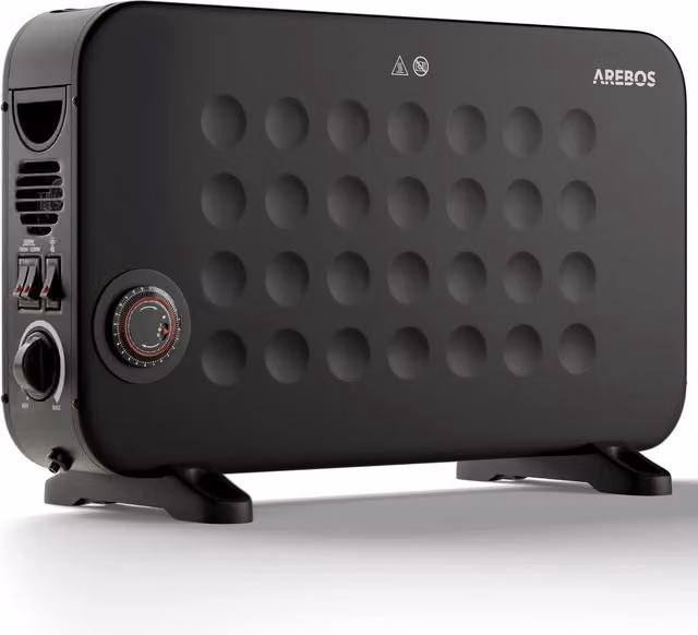 AREBOS 2000W Convector Heater in Black with Thermostat and Overheat Protection