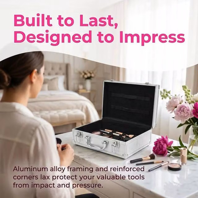 EONLION Silver Metal Lockable Makeup Train Case with Handle, W/D/H: 50 x 25 x 17 cm