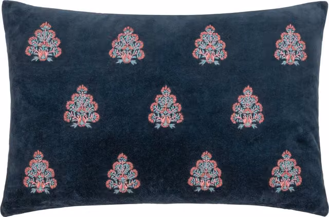 Paoletti 1973 Rennes Blue Floral Embroidered Rectangular Cushion in Polyester