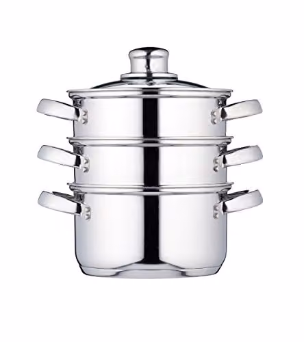 KitchenCraft Stainless Steel Three Tier Steamer Pot with Glass Lid, Silver