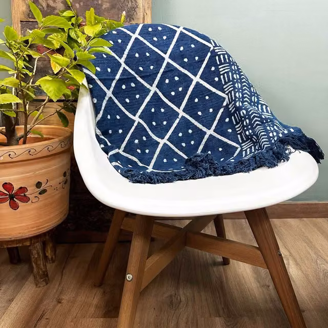 KDMD Handmade Indigo Geometric Throw in Midnight Heerak Blue, W: 170 cm, D: 120 cm