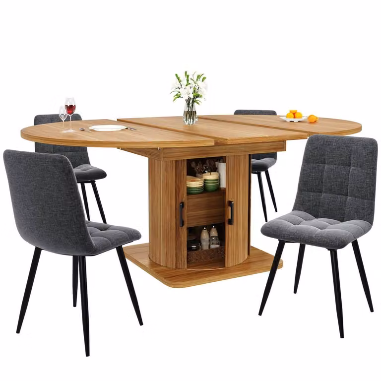 Merax Extendable Round to Oval Wooden Dining Table with Storage Drawer in Brown
