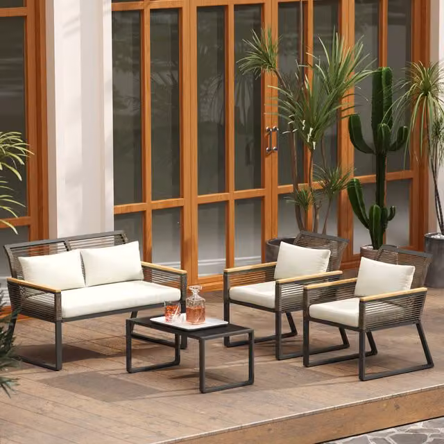 Outsunny 4 Piece Grey Rattan Garden Furniture Set with Upholstered Cushions, 2 Seater Sofa, 2 Armchairs and Coffee Table