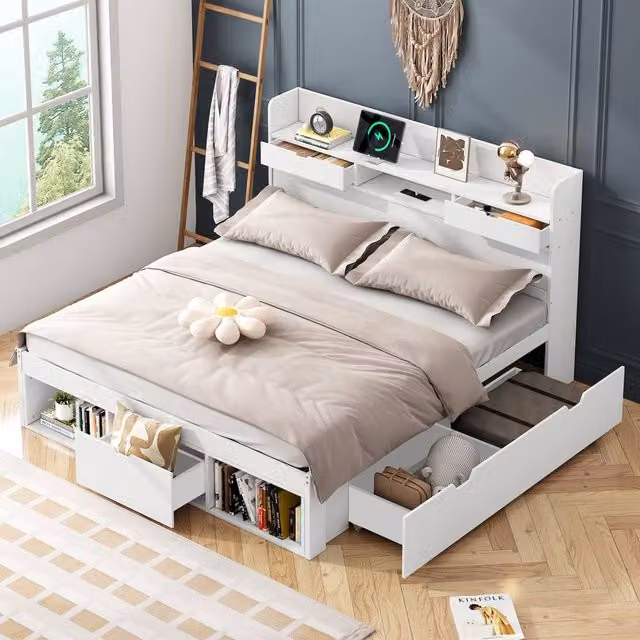 BTM White Double Bed with USB Charging Port and Drawers, W/D/H: 140 x 200 x 102 cm