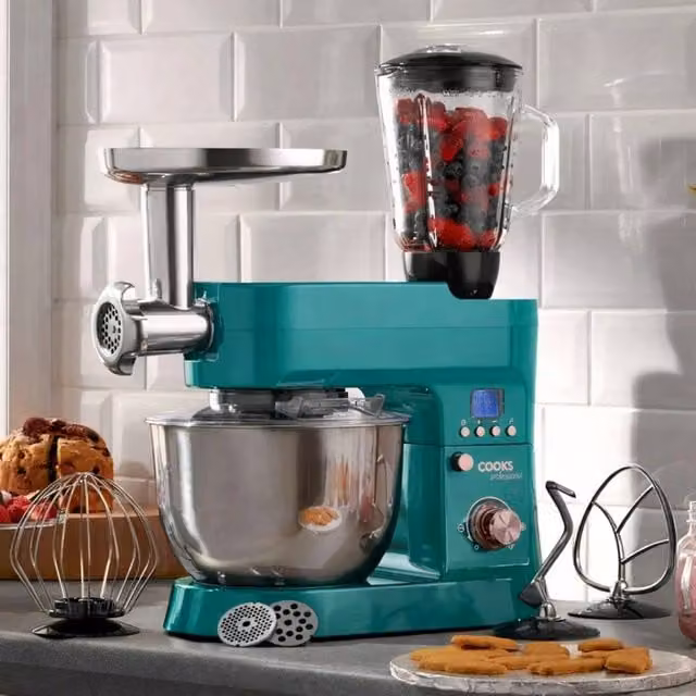 Cooks Professional Multifunction Stand Mixer 1200W with Mincer and Blender, 6.2L Stainless Steel Bowl, Petrol and Gold