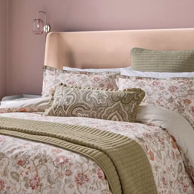 Bedeck of Belfast Nora Super Kingsize Cotton Percale Duvet Cover and Pillowcase Set, Sage Green/Tuberose, 200 x 200 cm