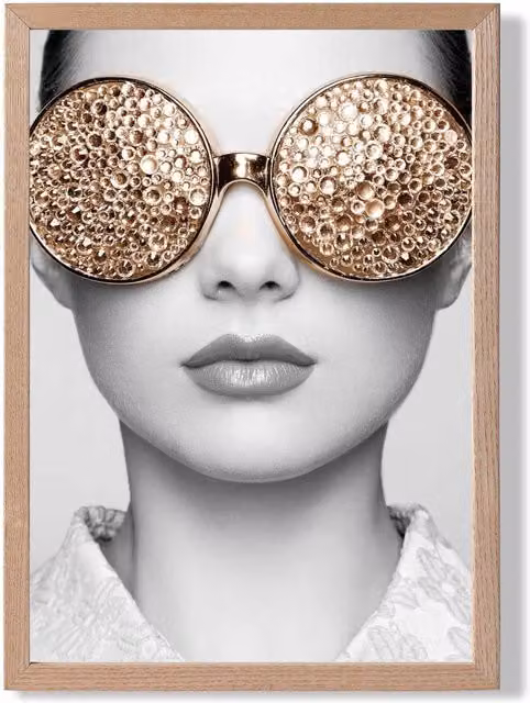 ARTZE Girl with Gold Bling Sunglasses Black and White Framed Photo Print with Oak Frame